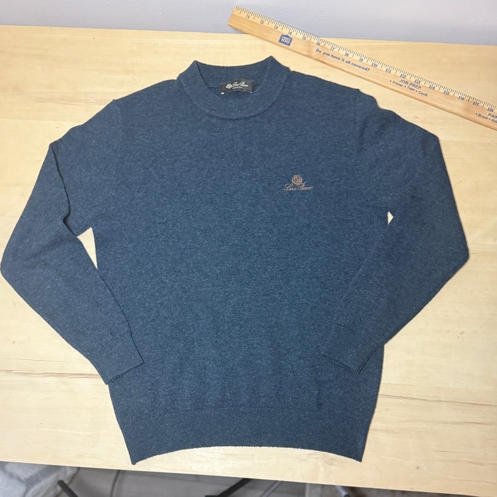 Loro Piana Embroidered Logo Navy Blue Crew Neck Wool Sweater - Small